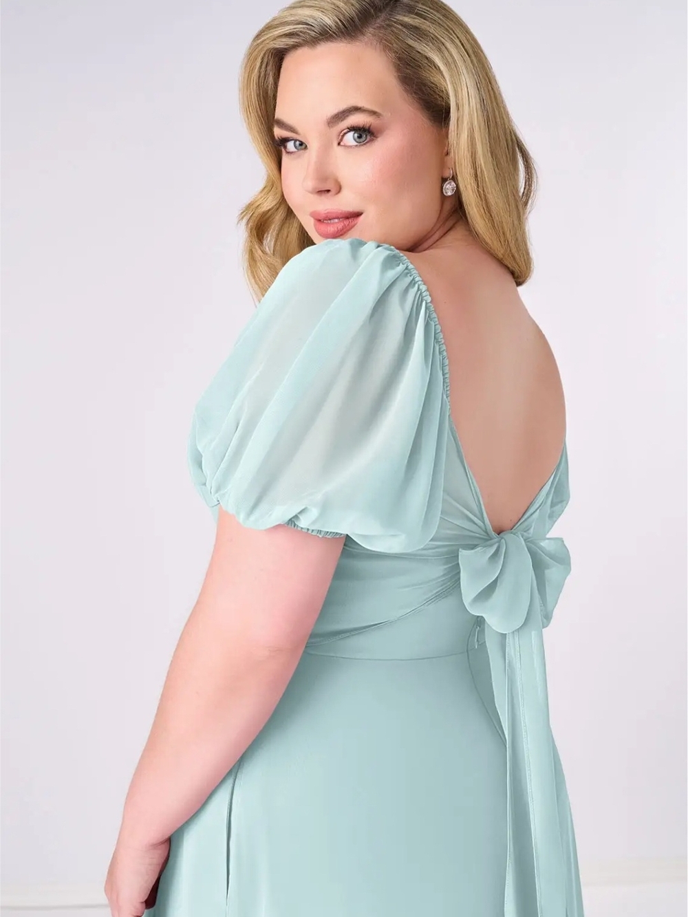 Plus Size Mint Puff Sleeve Tie-Back Dress Barbie Event/bridesmaid